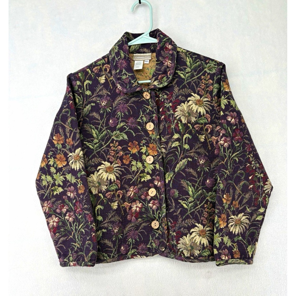 Coldwater Creek Floral Tapestry Jacket Purple Button Front Collared Women's PXS